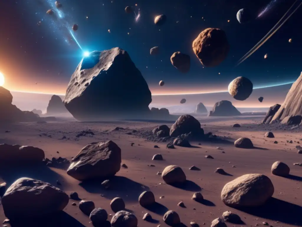 Impacto de la explotación de asteroides: Imagen 8k detallada de un vasto espacio con asteroides masivos y irregulares flotando en primer plano