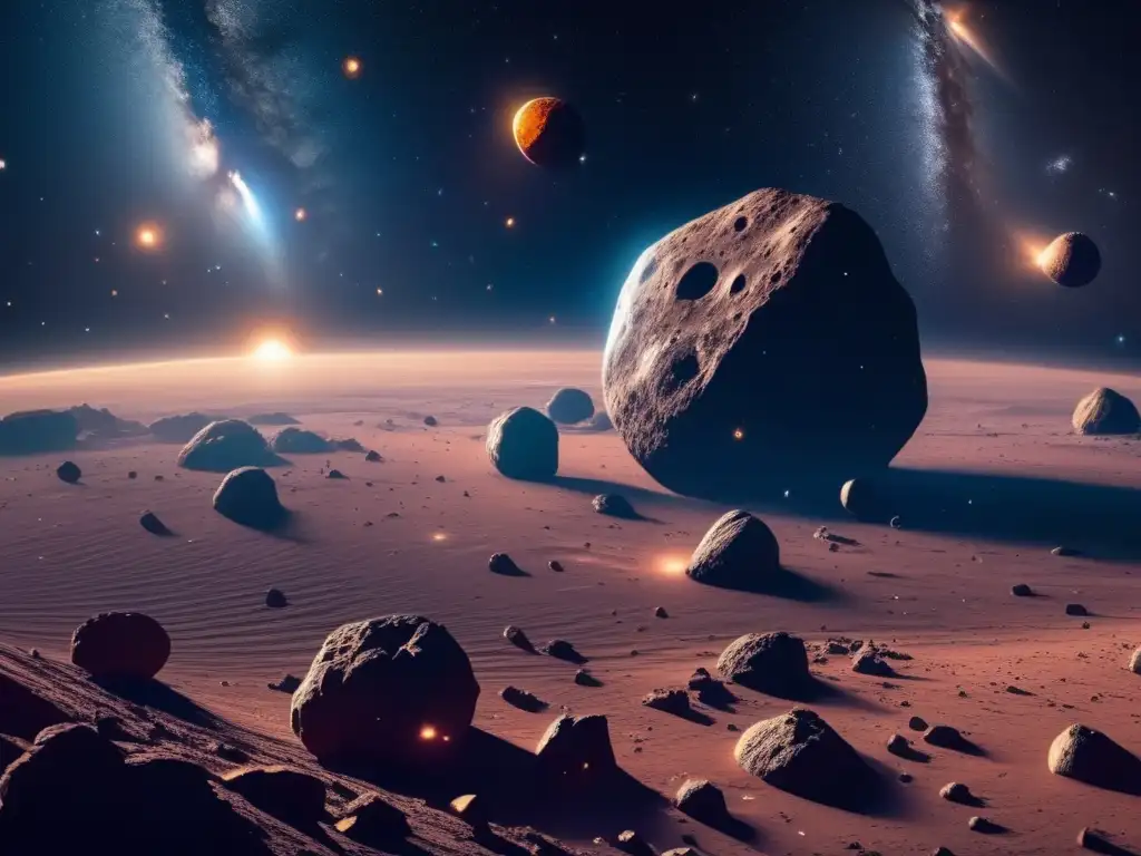 Impacto asteroides irregulares cultura popular, vista impresionante 8k de universo estrellado con asteroides flotando