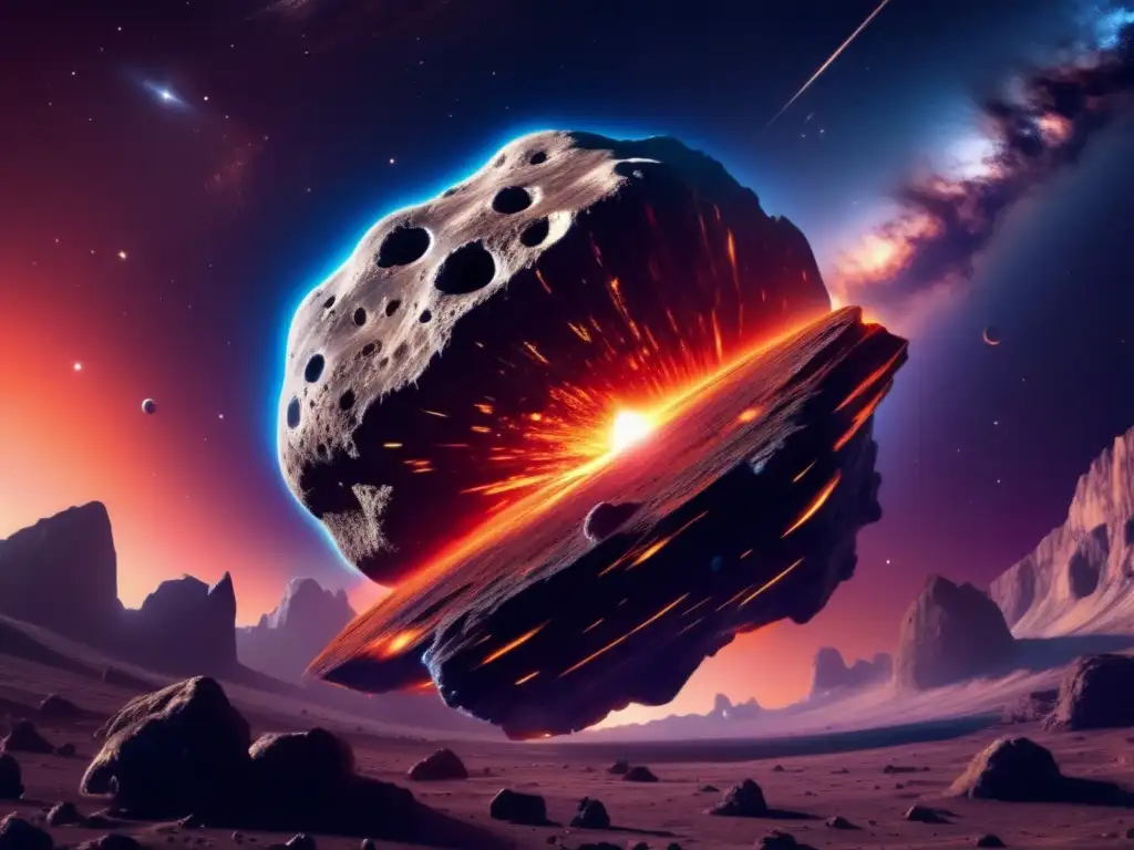 Impacto asteroides extinción masiva: asteroide colosal rodeado de nebulosa, texturas y colores impresionantes