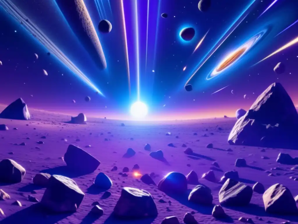 Impacto asteroides extinción masiva: Fascinante imagen 8k de un cinturón de asteroides infinito, con colores intensos y un moderno vehículo espacial