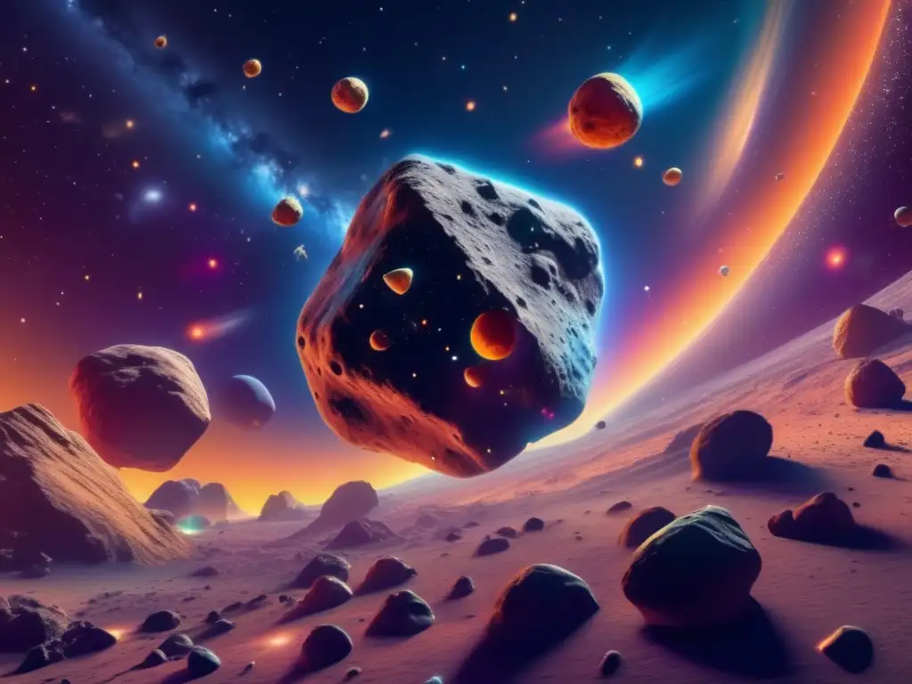 Impacto asteroides recurso universo: Nebulosa de colores vibrantes con asteroides de formas y texturas únicas, rodeados de polvo cósmico