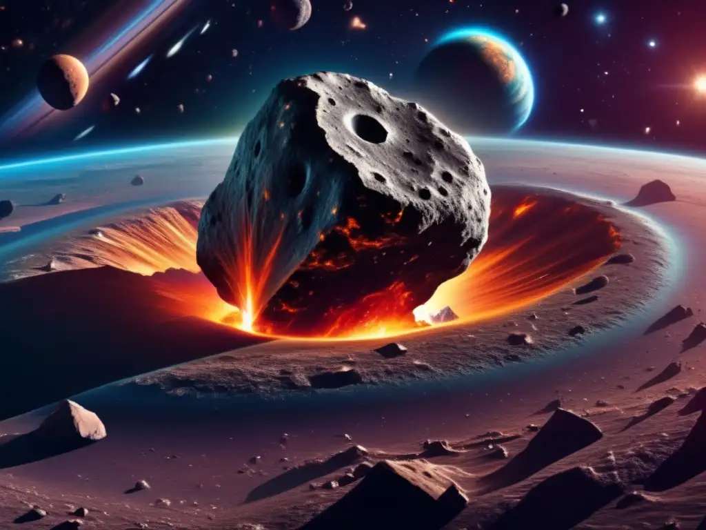 Impacto asteroides recurso universo: Asteroide masivo en ruta hacia la Tierra, con detalles intrincados y colores vibrantes