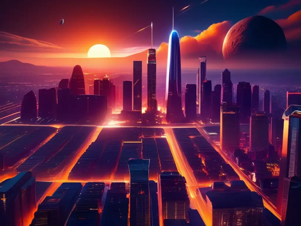 Impacto asteroides sociedad moderna: ciudad futurista bañada en luz dorada, con un asteroide gigante en el cielo