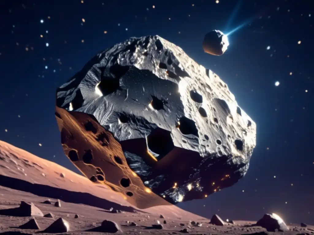 Impacto asteroides biodiversidad terrestre: asteroide metálico en el espacio con superficie rugosa, detalles intrincados y brillo cautivador