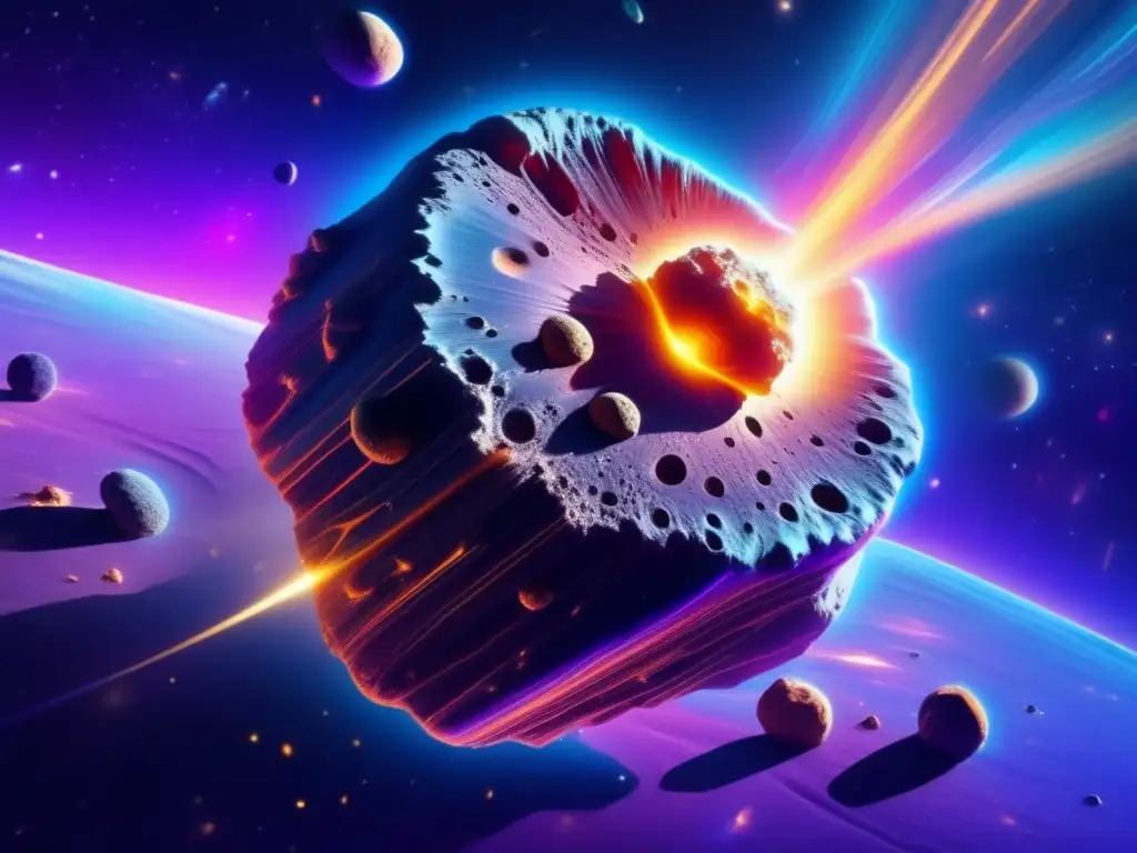 Impacto asteroides en la Tierra: asombrosa imagen en 8k de un asteroide masivo en el espacio, rodeado de polvo cósmico y destellos vibrantes