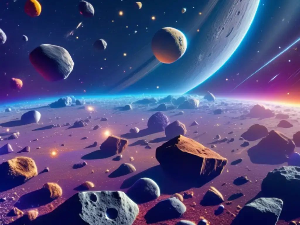 Impacto de asteroides en la Tierra: un asombroso cinturón de asteroides de colores vivos y formas variadas en el espacio