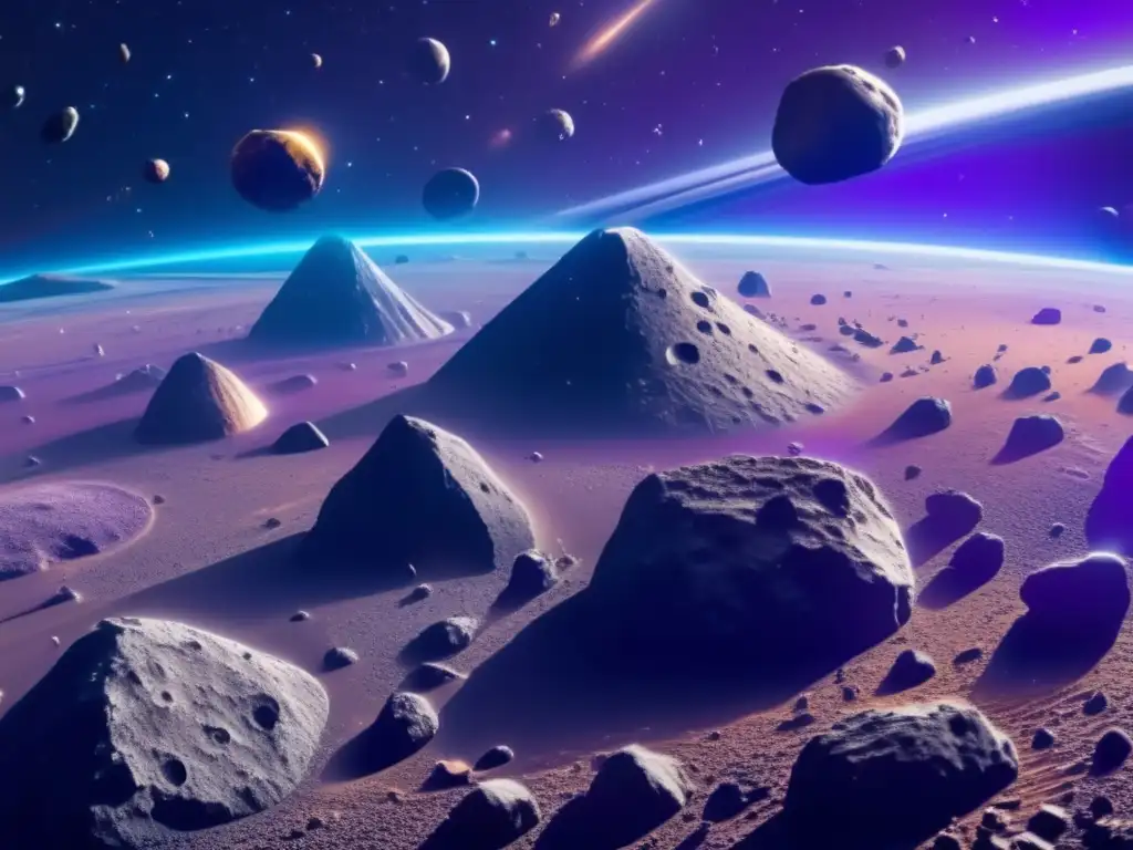 Impacto asteroides en la Tierra: Asteroide belt 8k, variados tamaños y colores, nave minera futurista, estrellas y galaxias al fondo