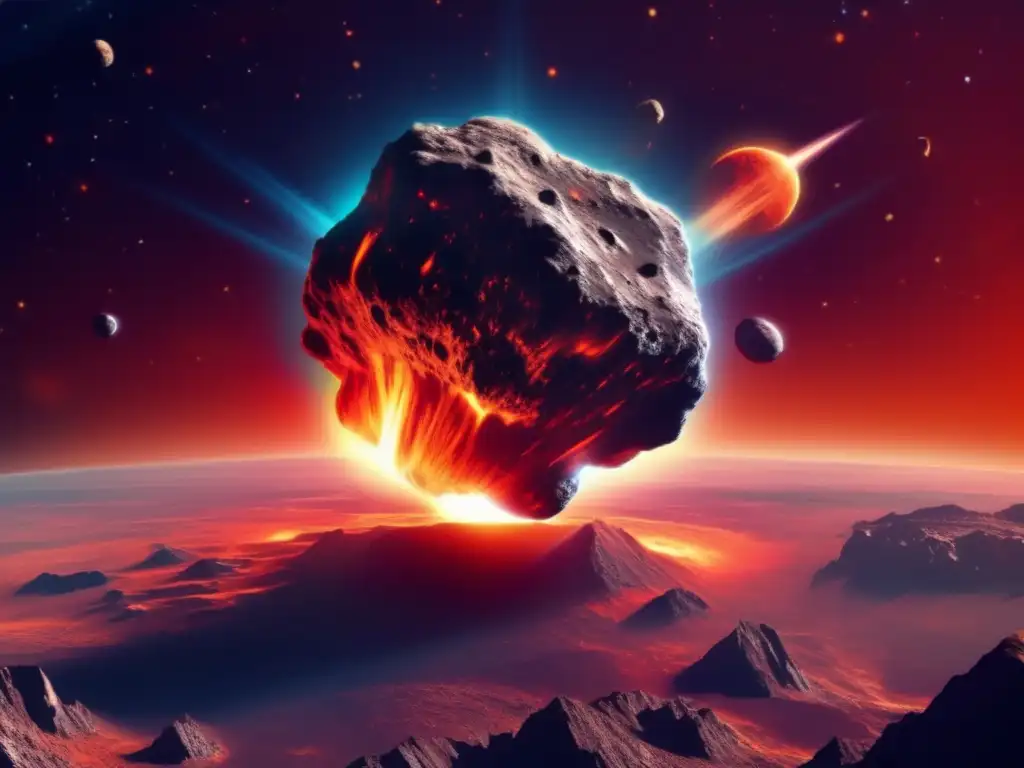 Impacto de asteroides en la Tierra: Asteroide masivo en llamas surca el espacio hacia la Tierra, representando peligro y catástrofe