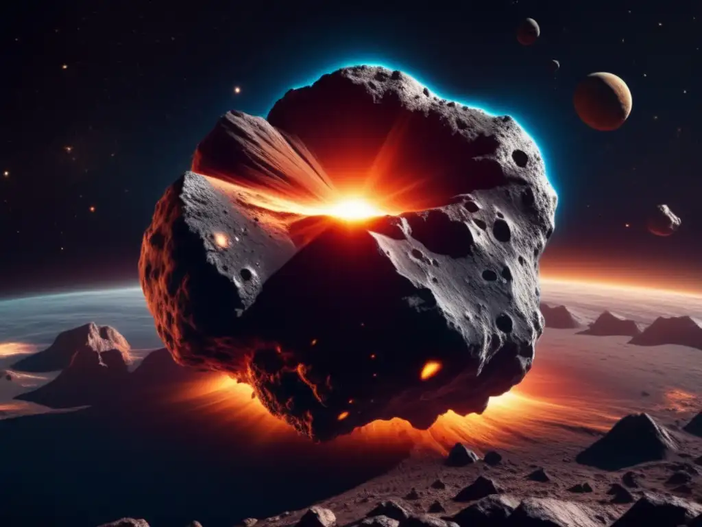 Impacto de asteroides en la Tierra: Asteroide 8k ultradetallado, amenazante y majestuoso, acercándose a la Tierra con fuego y aura de peligro