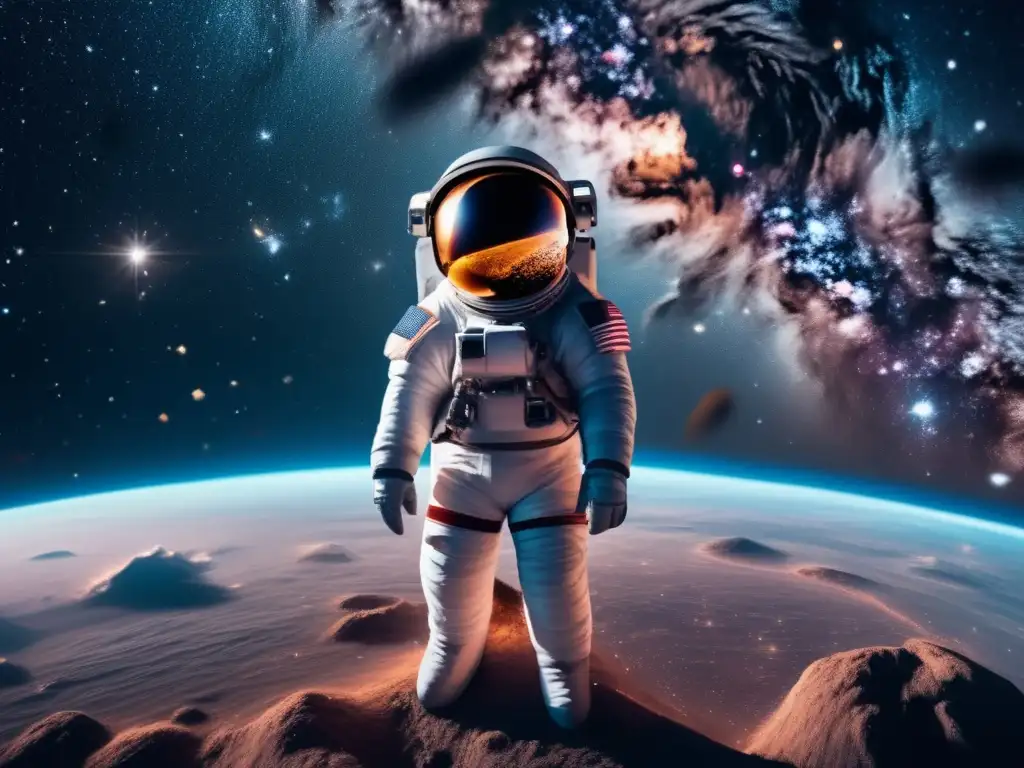 Impacto asteroides en la Tierra: Astronauta flotando en el espacio rodeado de la belleza cósmica, reflejando la soledad y desafíos psicológicos
