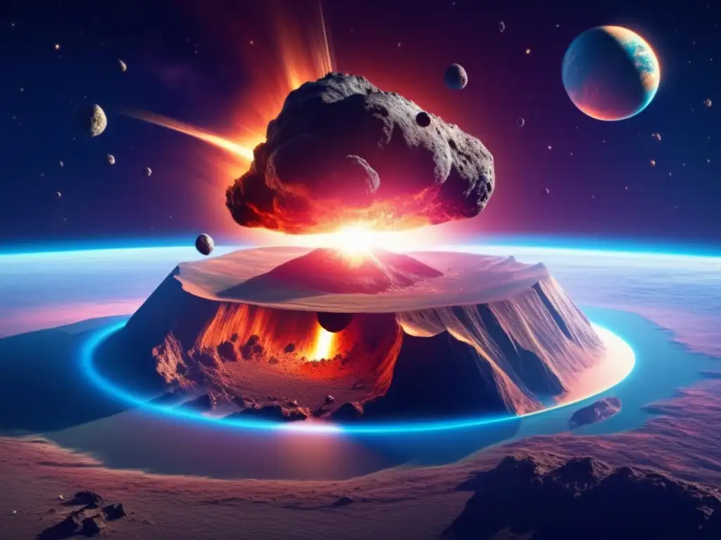 Impacto de asteroides en la Tierra: colores vibrantes contrastan con el asteroide oscuro y su impacto crea un cráter masivo
