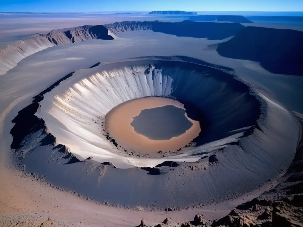 Impacto asteroides en tierra: cráteres en paisaje desolado, con cielo azul y montañas misteriosas