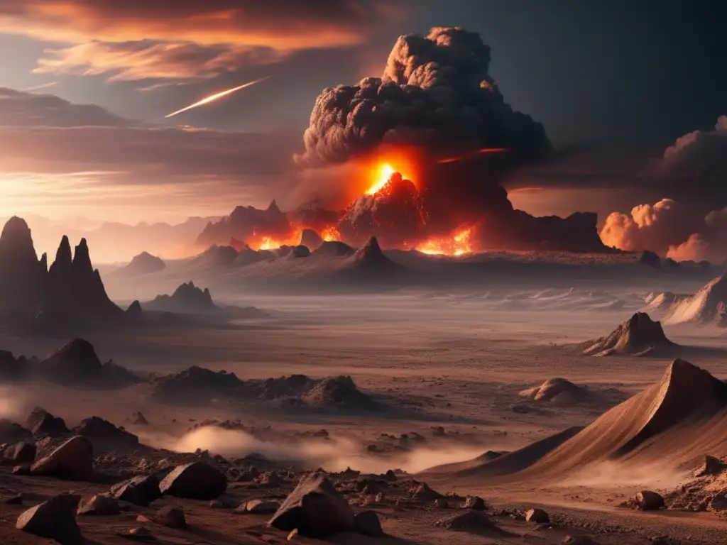 Impacto de los asteroides en la tierra: Desolado paisaje postapocalíptico tras catastrófico impacto cósmico