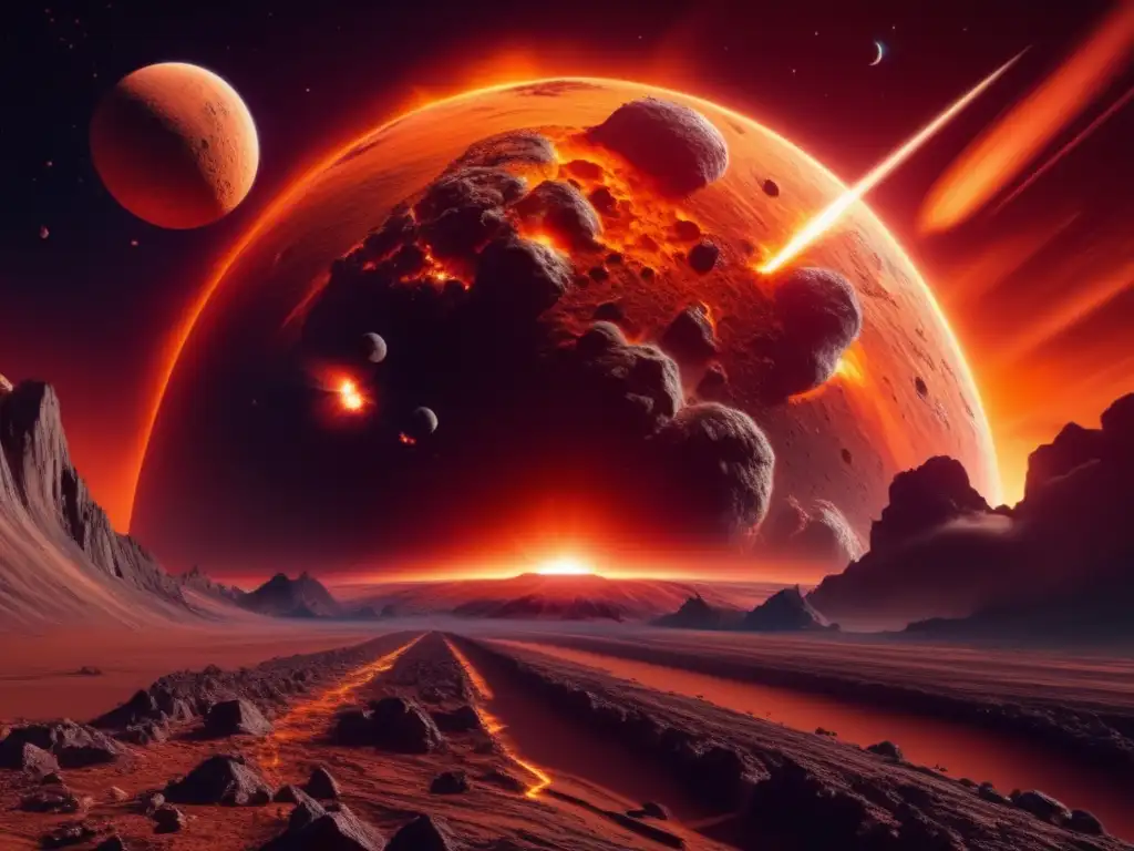 Impacto de asteroides en la Tierra: Escena dramática con un asteroide gigante a punto de colisionar, cielo naranja y ciudad en el horizonte