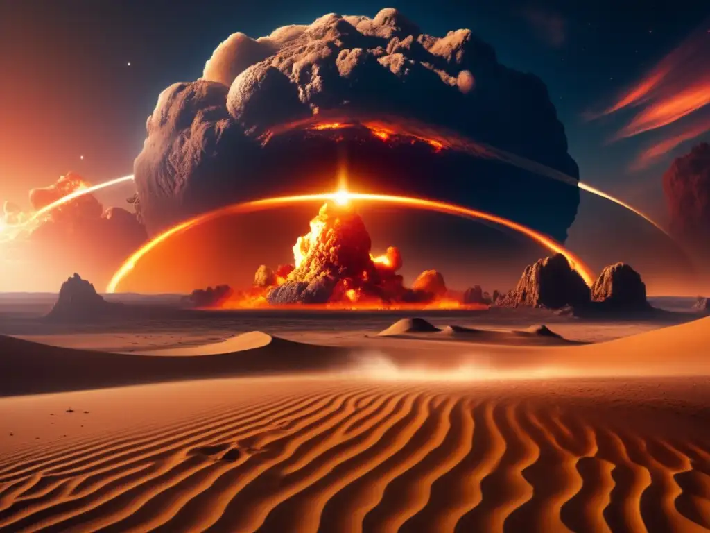Impacto de asteroides en la Tierra: Escena impactante de un asteroide en llamas, creando caos y destrucción, mientras científicos observan con asombro
