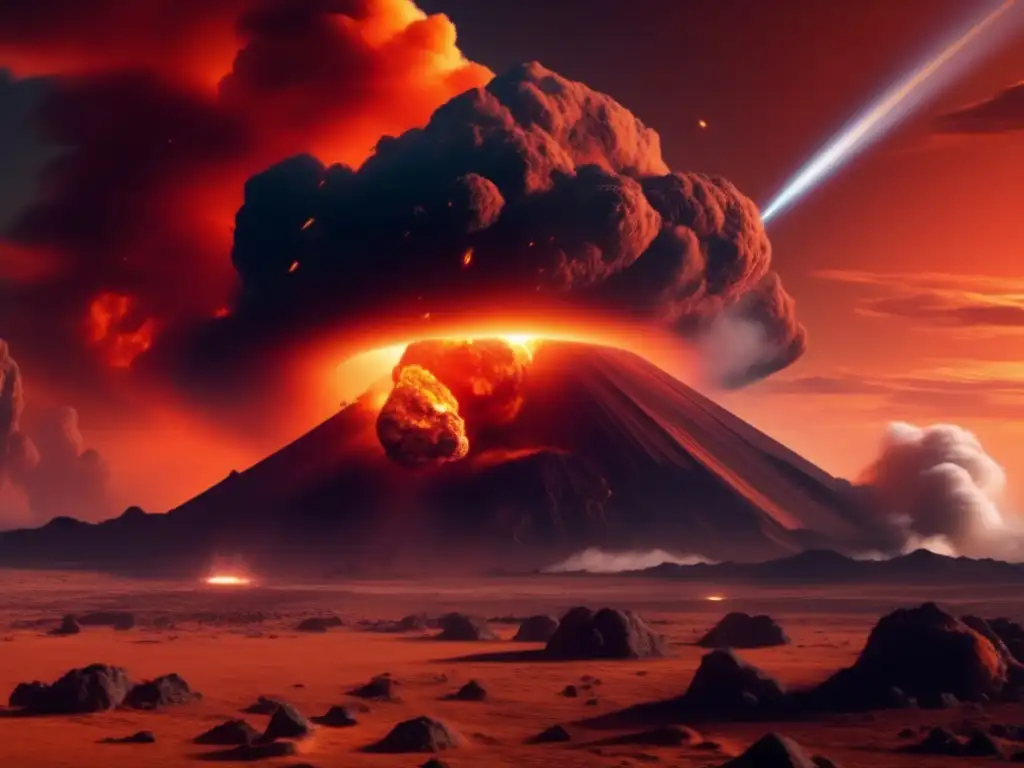 Impacto de asteroides en la tierra: escena catastrófica de un asteroide en llamas, cráter gigante, destrucción y urgencia