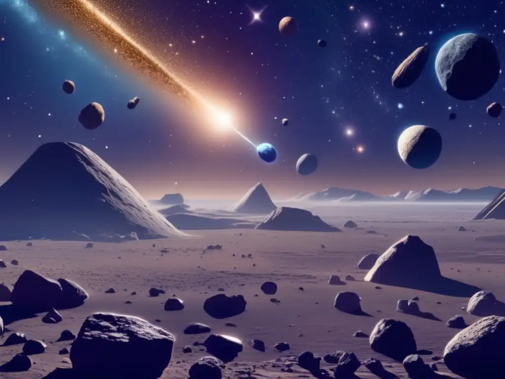 Impacto asteroides en la tierra: Espacio estelar con asteroides detallados y naves espaciales en una composición impresionante