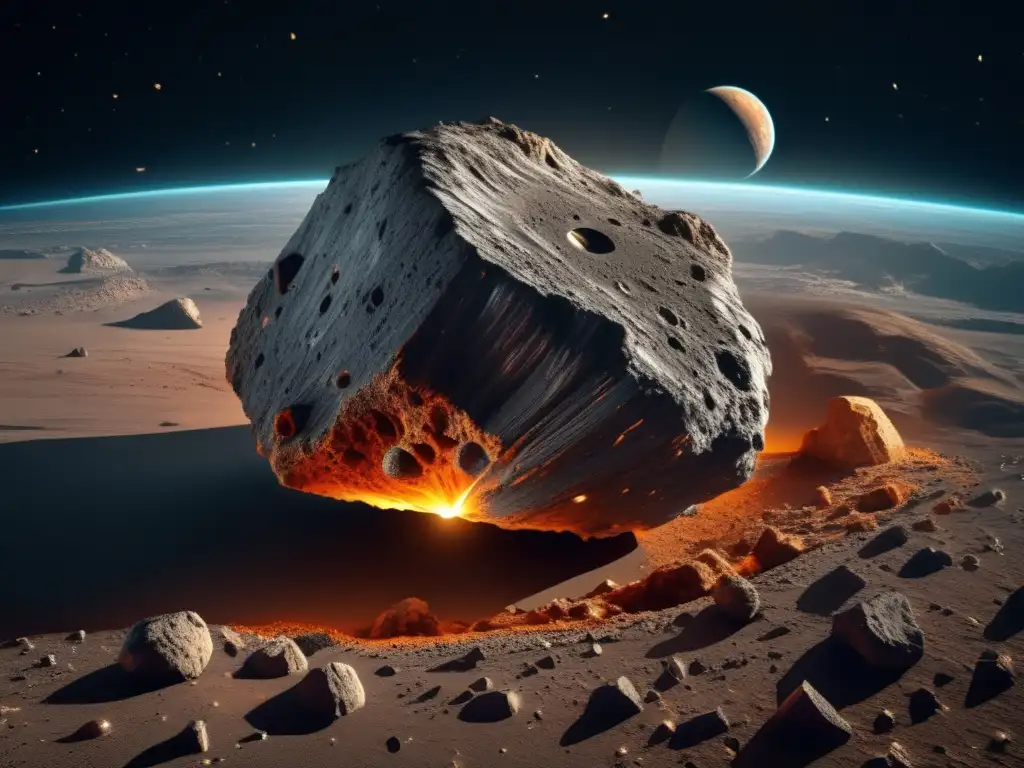 Impacto de asteroides en la tierra: Estructura interna detallada de un asteroide 8k, con capa rocosa, regolito y túneles intrincados