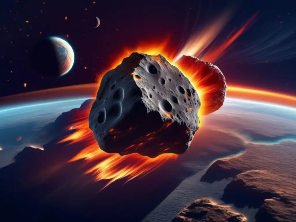 Impacto de asteroides en la tierra: Imagen detallada de un asteroide masivo acercándose a la Tierra, con una estela de fuego