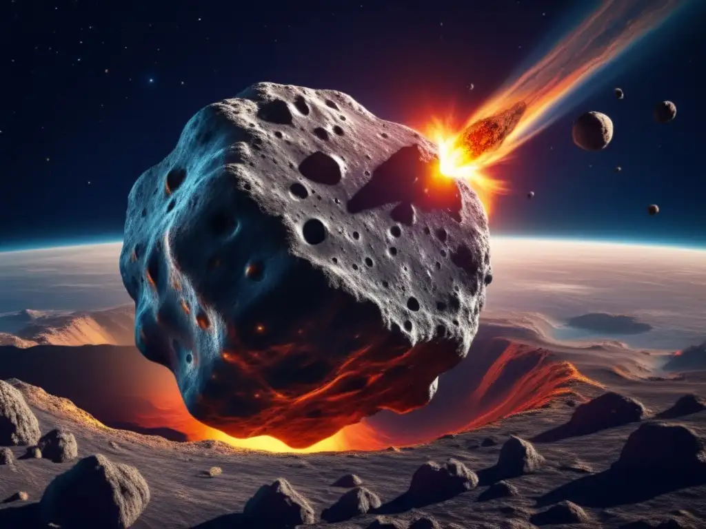 Impacto de asteroides en la tierra: imagen 8k detallada de un asteroide masivo acercándose a la Tierra, con colores vibrantes y paisajes contrastantes
