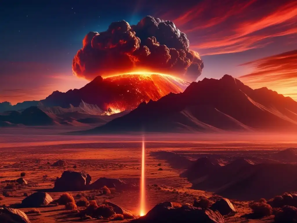 Impacto de asteroides en la tierra: una imagen cinematográfica impresionante de un desolado paisaje con montañas y un meteorito en llamas