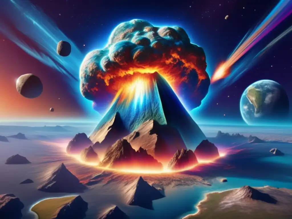 Impacto de asteroides en la Tierra: una imagen impresionante y realista que muestra la fuerza y escala del impacto, con explosiones y ondas de choque