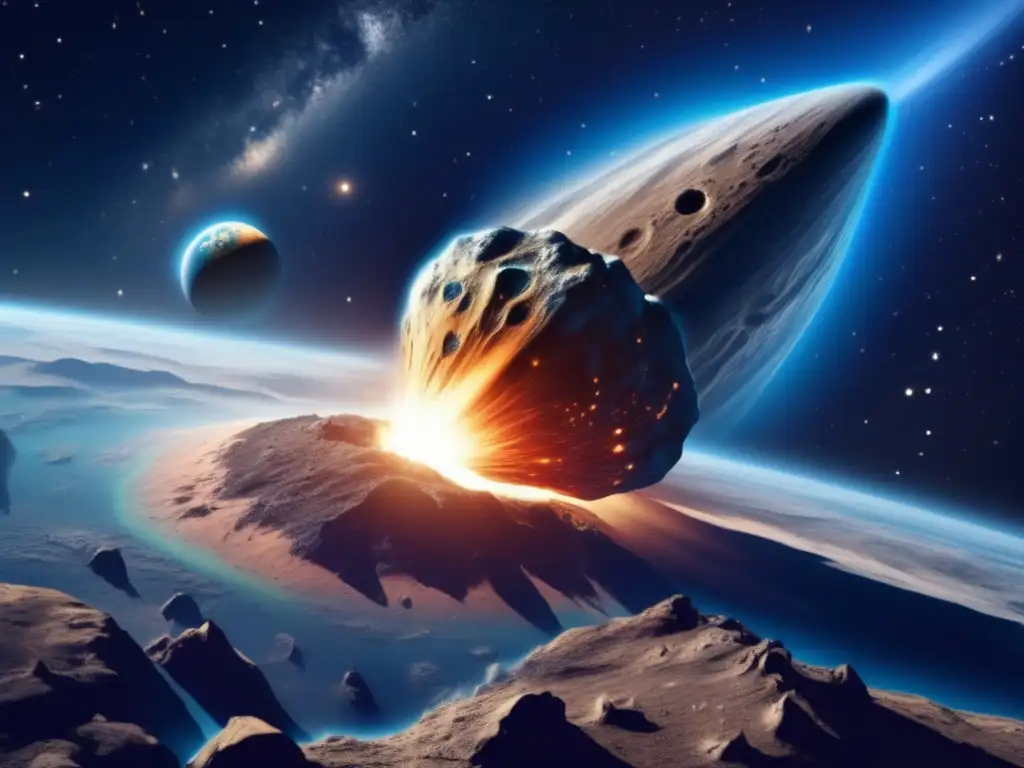 Impacto de asteroides en la Tierra: Imagen detallada de un enorme asteroide acercándose a la Tierra, en un cielo oscuro y estrellado