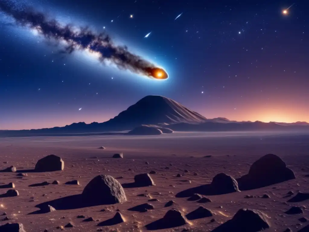 Impacto de asteroides en la Tierra: Imagen detallada del cielo nocturno lleno de estrellas, con un asteroide masivo en primer plano