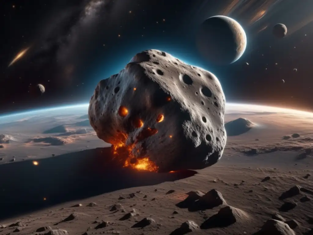 Impacto asteroides en la Tierra: Imagen impactante de un asteroide masivo acercándose a la Tierra, revelando su tamaño, cráteres y colores
