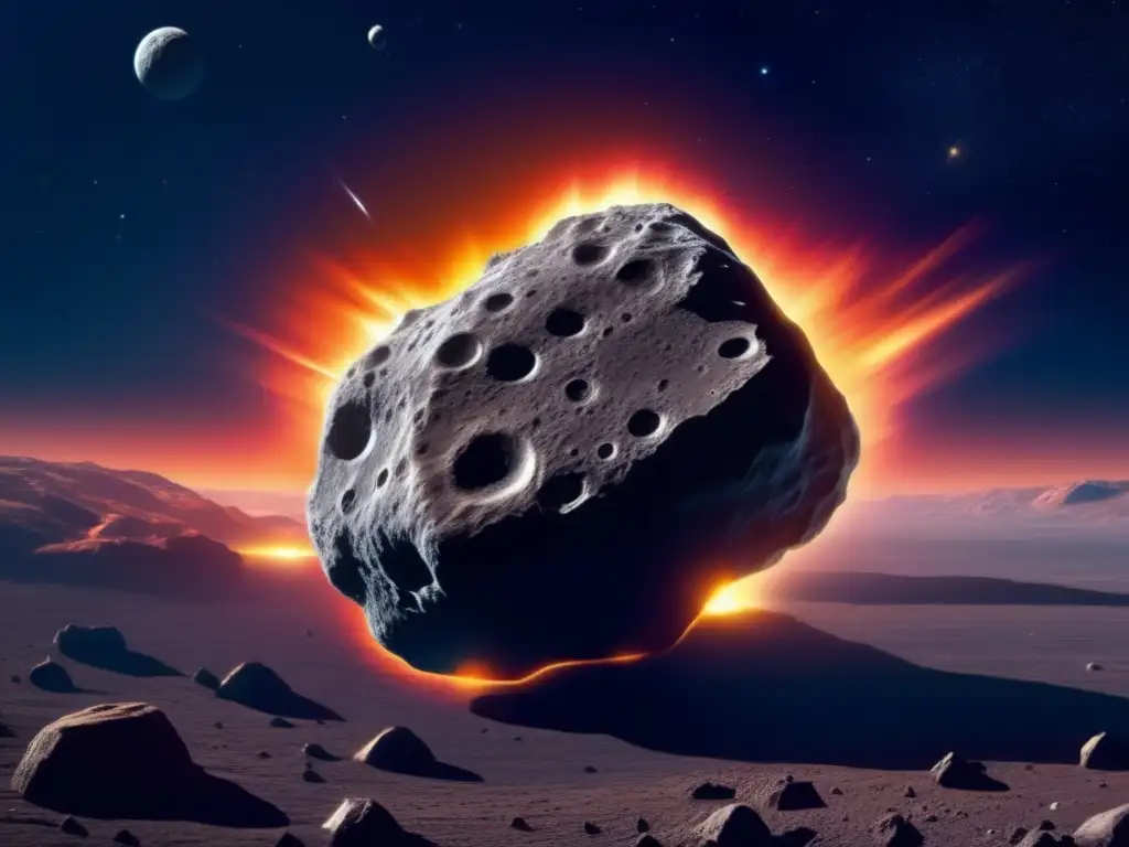 Impacto de asteroides en la Tierra: una imagen impresionante de un asteroide masivo en el espacio, rodeado de una aura oscura y misteriosa, con terreno rocoso y cráteres de impacto, resaltando su inmensidad entre las estrellas