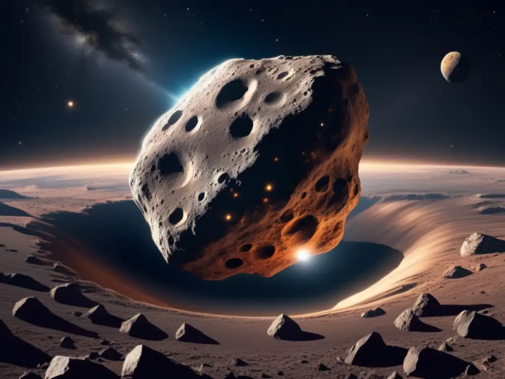 Impacto de asteroides en la Tierra: imagen detallada y realista de un masivo asteroide acercándose, con superficie rugosa y colores impactantes