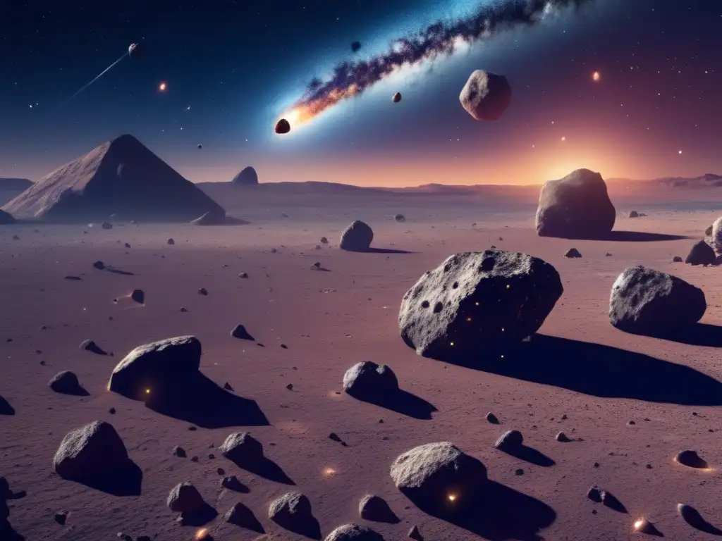 Asteroides flotando en el espacio Impacto de asteroides en la Tierra: Imagen 8k detallada de espacio con asteroides flotando, mostrando belleza y amenaza celeste