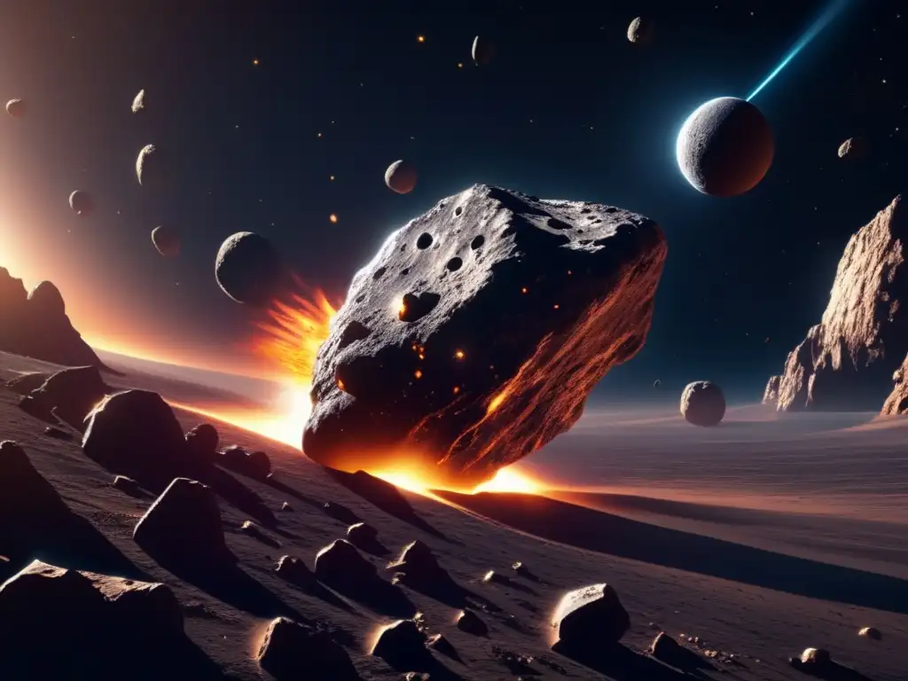Impacto de asteroides en la Tierra: Imagen asombrosa de un asteroide en el espacio, con el sol iluminando su superficie rugosa y rodeado de escombros