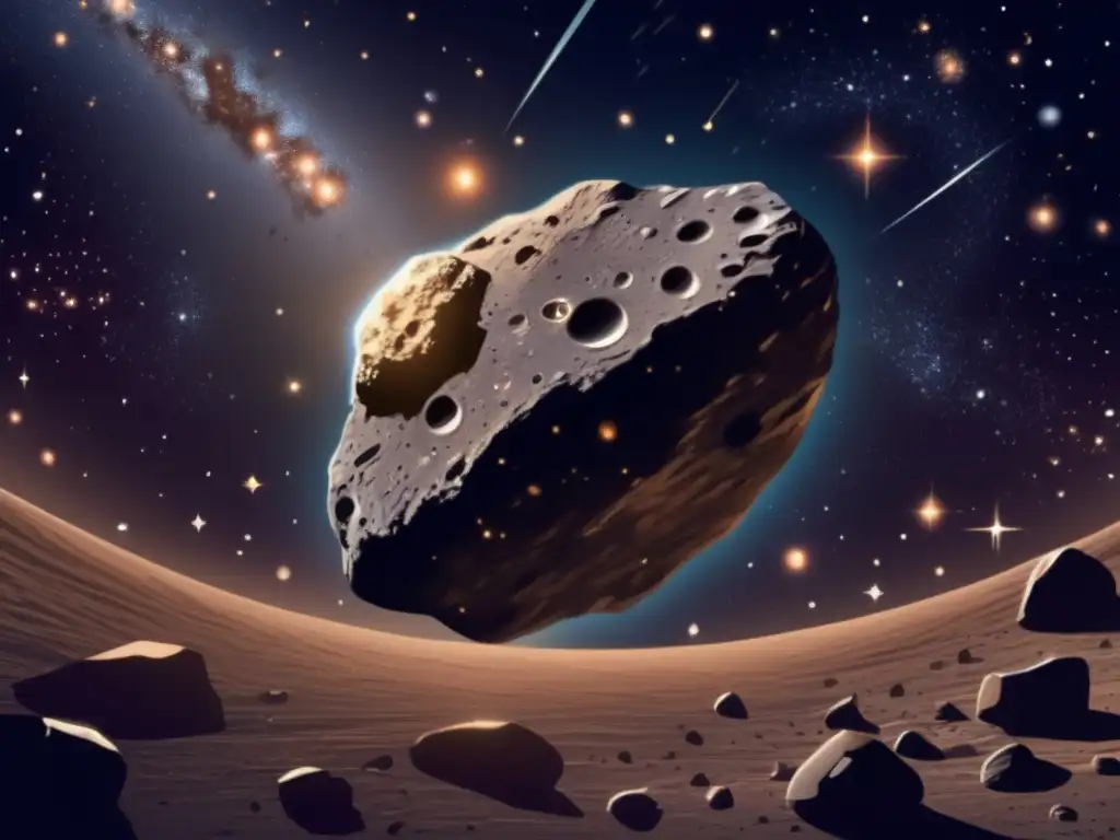 Impacto de los asteroides en la tierra: impresionante imagen de un asteroide en el espacio, con superficie rocosa y cráteres, rodeado de estrellas y galaxias