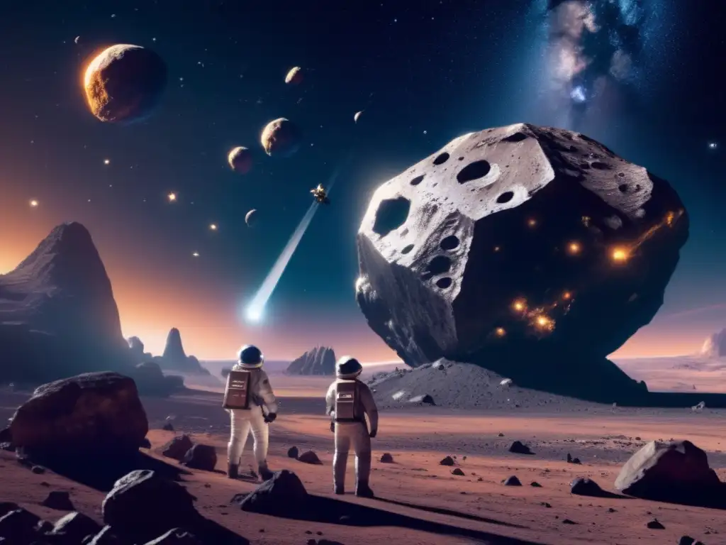 Impacto asteroides tierra lunas: Explotación futurista de asteroides, mineros espaciales extraen recursos preciosos en el cosmos