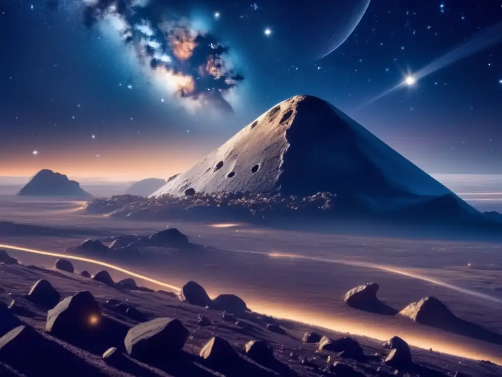 Impacto asteroides en la tierra: Noche estrellada con asteroide majestuoso y paisaje sereno