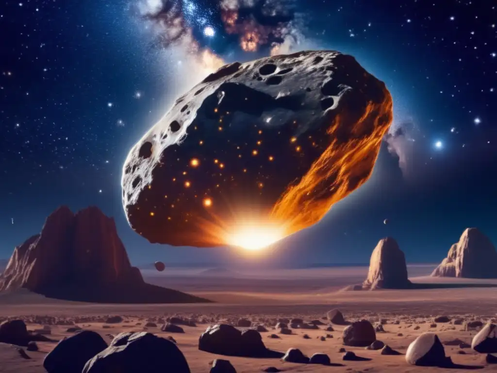 Impacto de asteroides en la Tierra: noche estrellada, asteroide masivo, texturas rocosas, cráteres, polvo cósmico