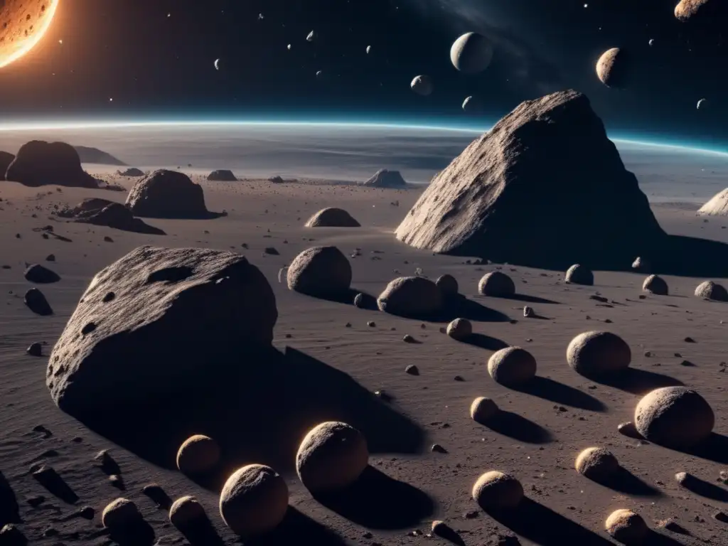 Impacto asteroides tierra realidad científica: Imagen impactante 8K muestra vasto espacio oscuro con asteroides flotantes -