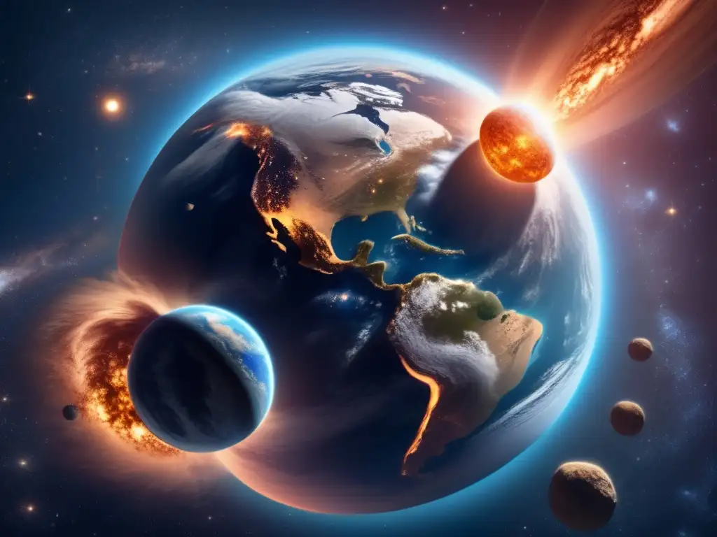Impacto asteroides Tierra universo - Imagen impresionante de la Tierra desde el espacio rodeada de una nebulosa de estrellas y galaxias