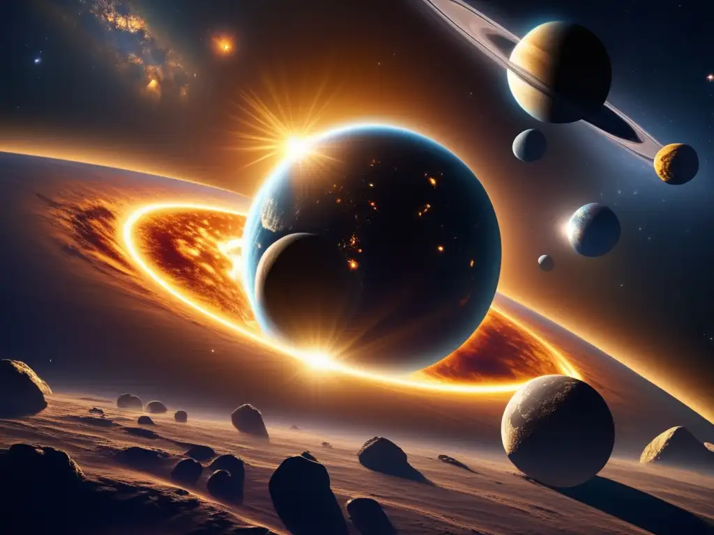 Esplendor celeste: asteroides troianos en órbita Impacto asteroides en la Tierra: Vista impresionante del Sol y los asteroides trojanos en el espacio