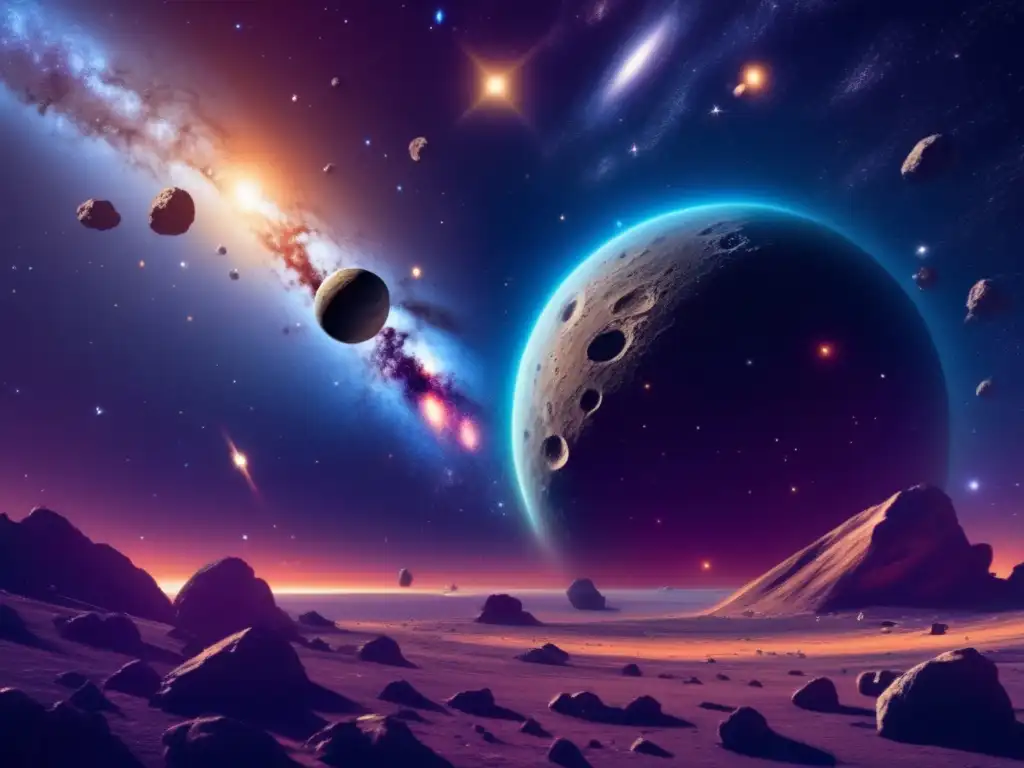Espectacular vista del espacio profundo con asteroides Impacto asteroides en la Tierra: Vista impresionante del espacio profundo con galaxias, estrellas y asteroides, capturada por sonda espacial