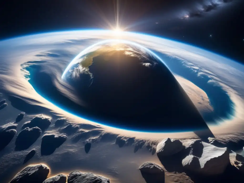 Impacto de asteroides en la Tierra: Vista asombrosa del espacio, con un asteroide acercándose a la Tierra, resaltando sus detalles y colores cósmicos