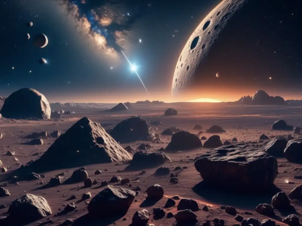 Impacto asteroides en la tierra: Vista espectacular del campo de asteroides en el espacio con detalles en 8k