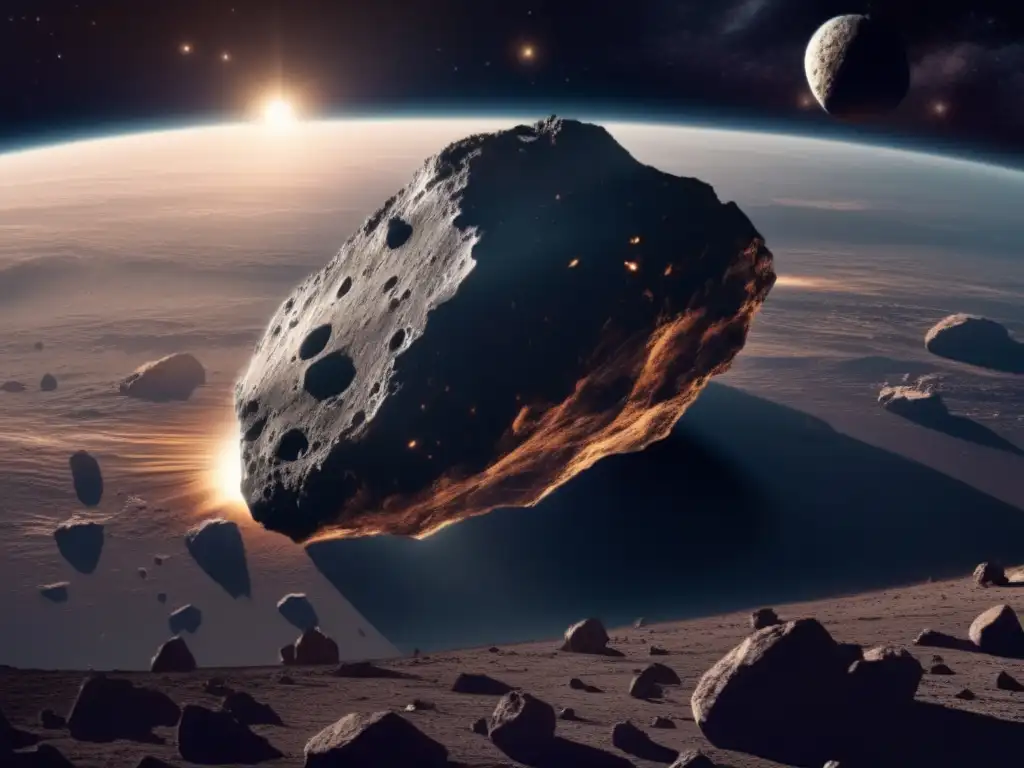 Impacto asteroides en la Tierra, vista impresionante de un asteroide masivo acercándose, su superficie rugosa y su forma ominosa