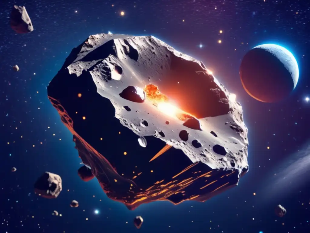 Impacto de los asteroides en la tierra: vista impresionante de un asteroide en el espacio con una nave futurista