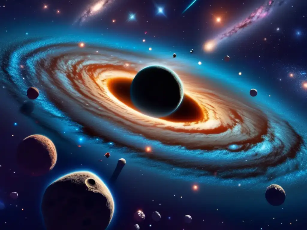 Impacto asteroides tipo C: vasto espacio estelar con galaxia en espiral, cinturón de asteroides, choques y fragmentación
