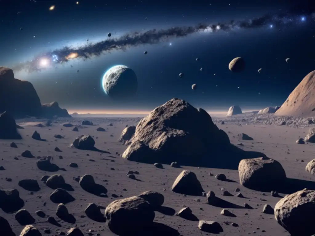 Impacto asteroides tipo C: vasto campo de asteroides 8k, formas variadas, superficies rugosas con cráteres, luz y sombra, nave futurista minera