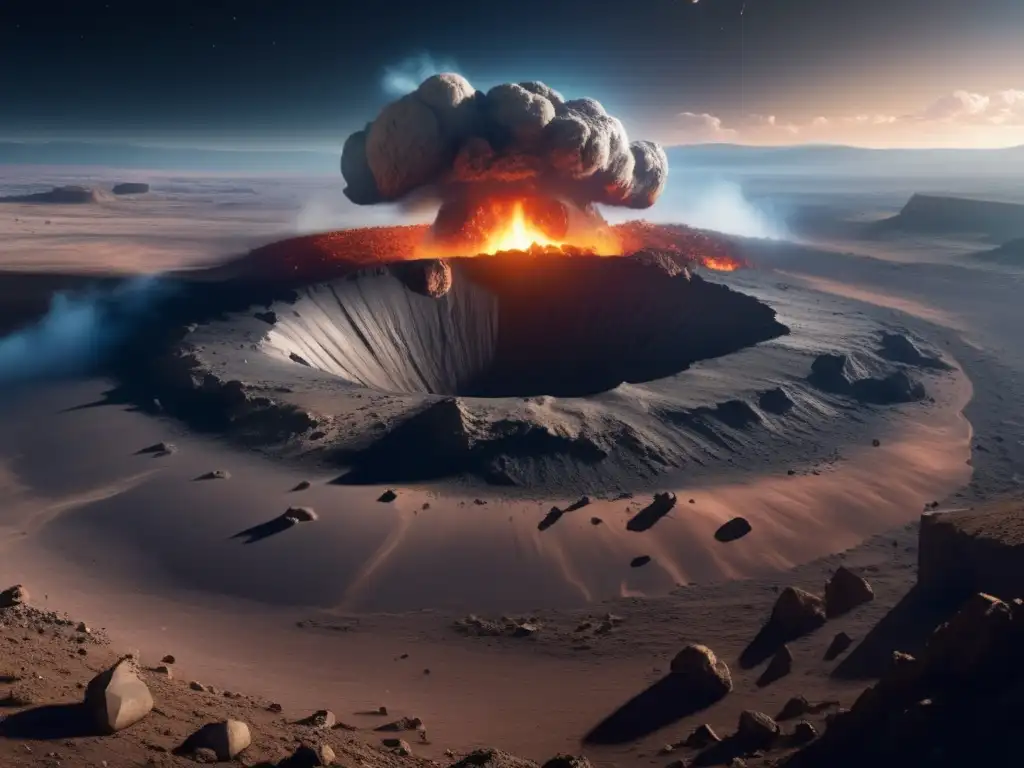 Impacto asteroides tipo C en Tierra: escena de gran crater, rocas y científicos recolectando evidencia