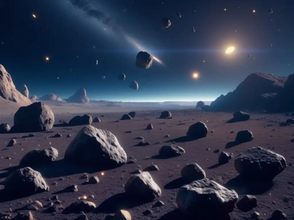 Impacto asteroides tipo C en Tierra: vasto campo de asteroides, 8k ultradetallado en el espacio profundo