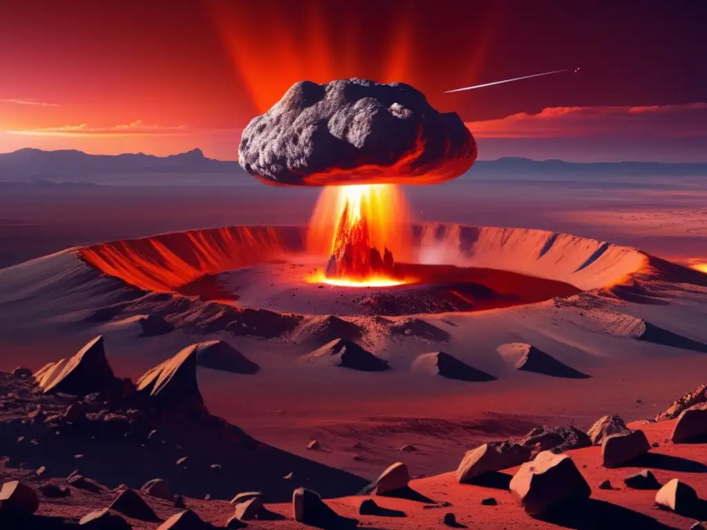 Impacto de asteroides tipo C en la Tierra: escena impactante con cráter, rocas, polvo y oleaje